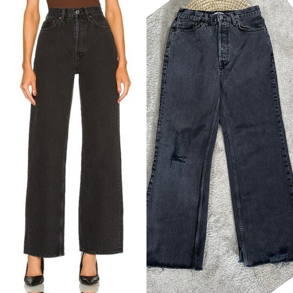 Re/Done Women’s 70s Ultra High Rise Wide Leg Jeans Button Fly in Shaded Black 28 - Picture 1 of 16